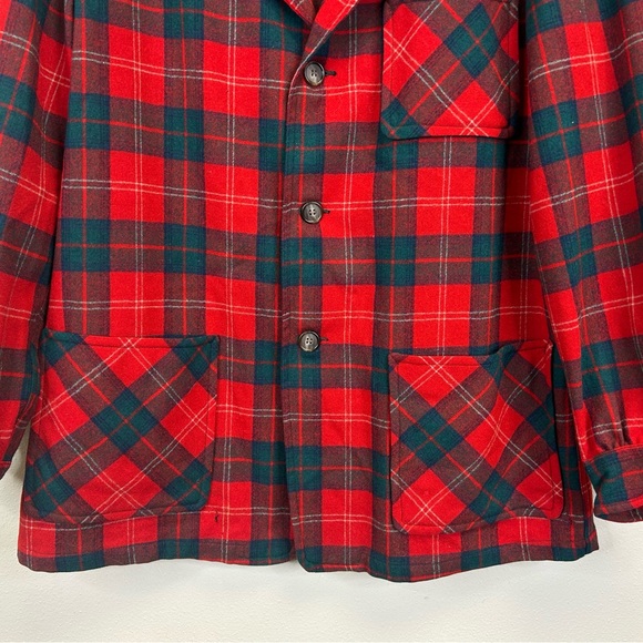 Vintage 60s 70s Pendleton Red and Green Plaid Virgin Wool Jacket Pockets Mens M - Picture 7 of 14